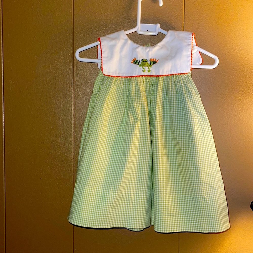 Monday’s  Child,  Boutique Dress, 6M, green gingham with frog.